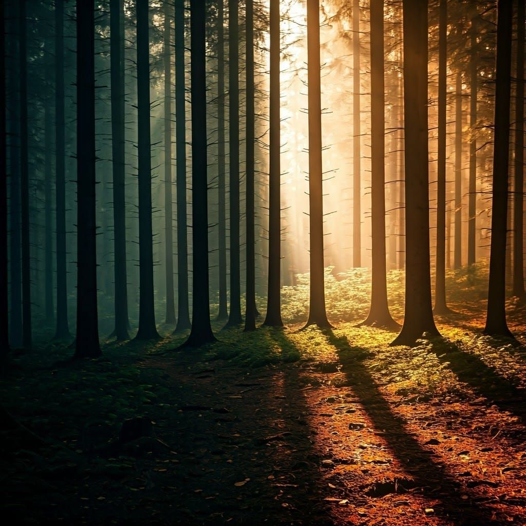 Surreal Forest Scene with Golden Light and Shadow
