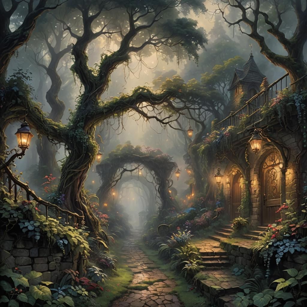 Ominous Forest Path with Dangling Vines