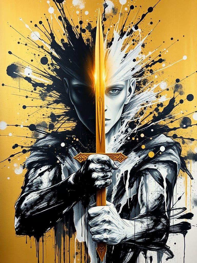 Dynamic Gouache Painting: Gold Light Piercing Darkness