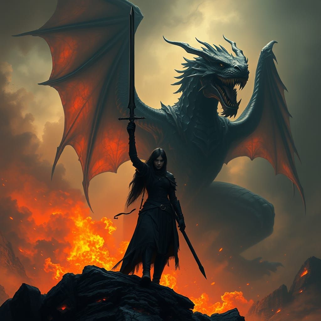 Gothic Knight Defies Dragon's Fury in Fiery Sunset