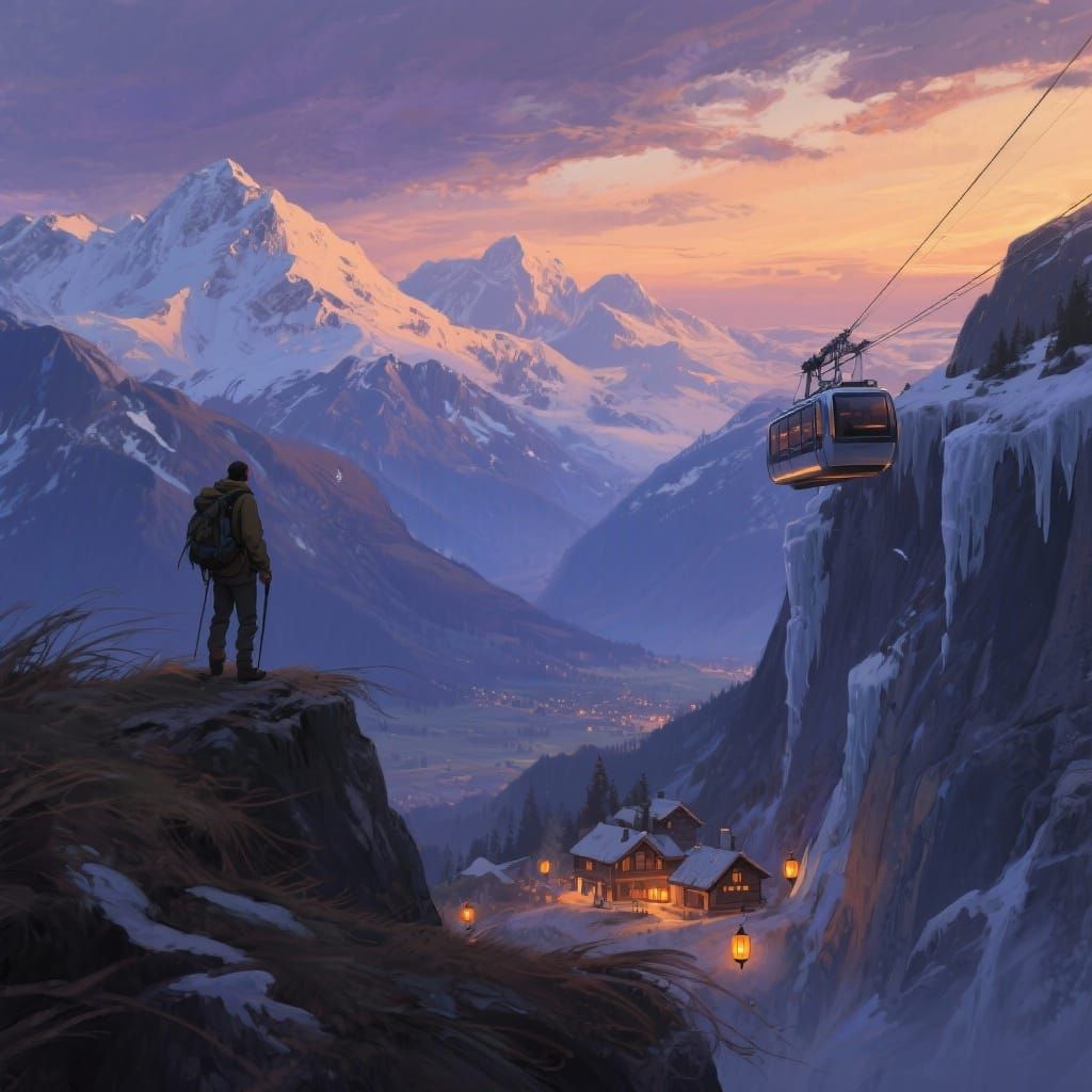 Hiker on Ridge Over Snowy Alpine Village at Dusk