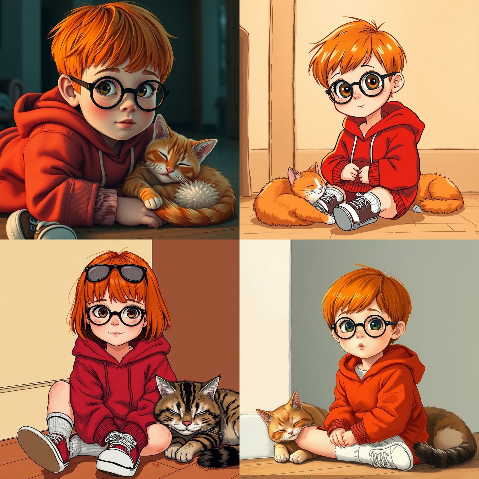 Girl with Orange Hair and Cat, Thin Line Drawing