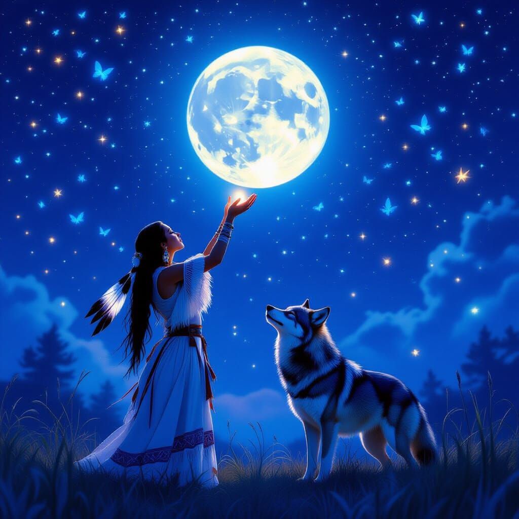 Native American Woman and Wolf Under Starry Night Sky