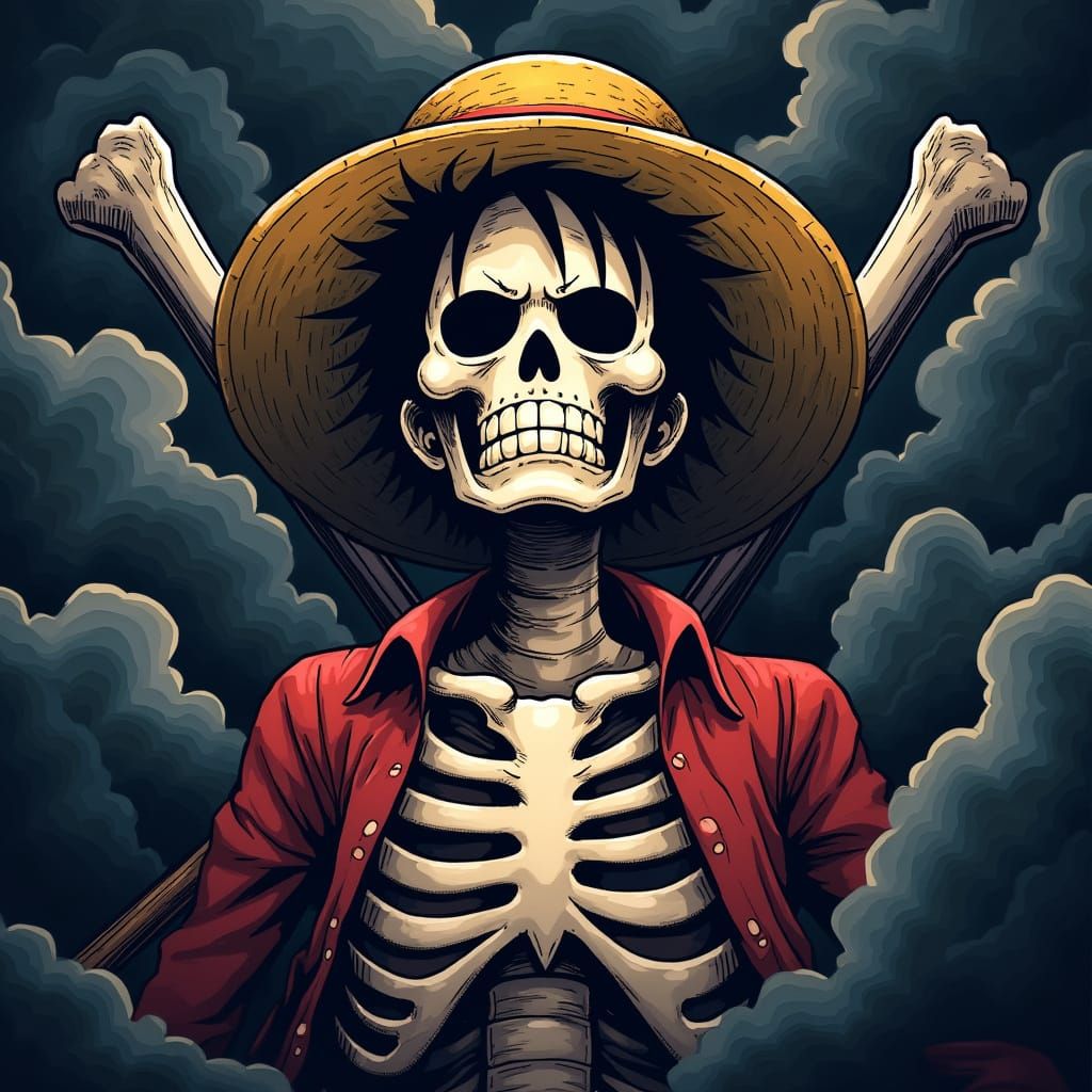 Skeletal Luffy in Gear 5, Pirate Logo Face Amidst Dark Cloud...