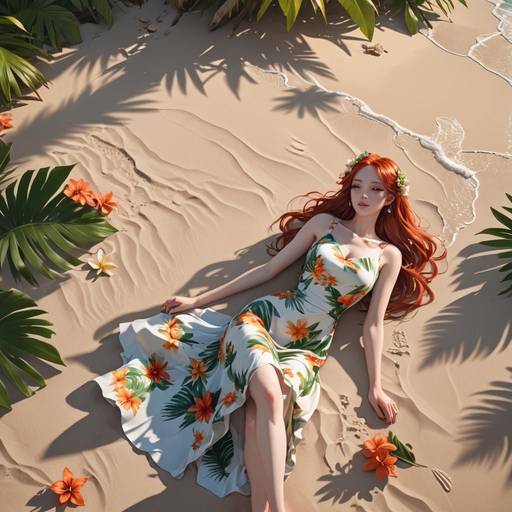 Redhead Woman Relaxing on Tropical Beach in 3D Anime Art