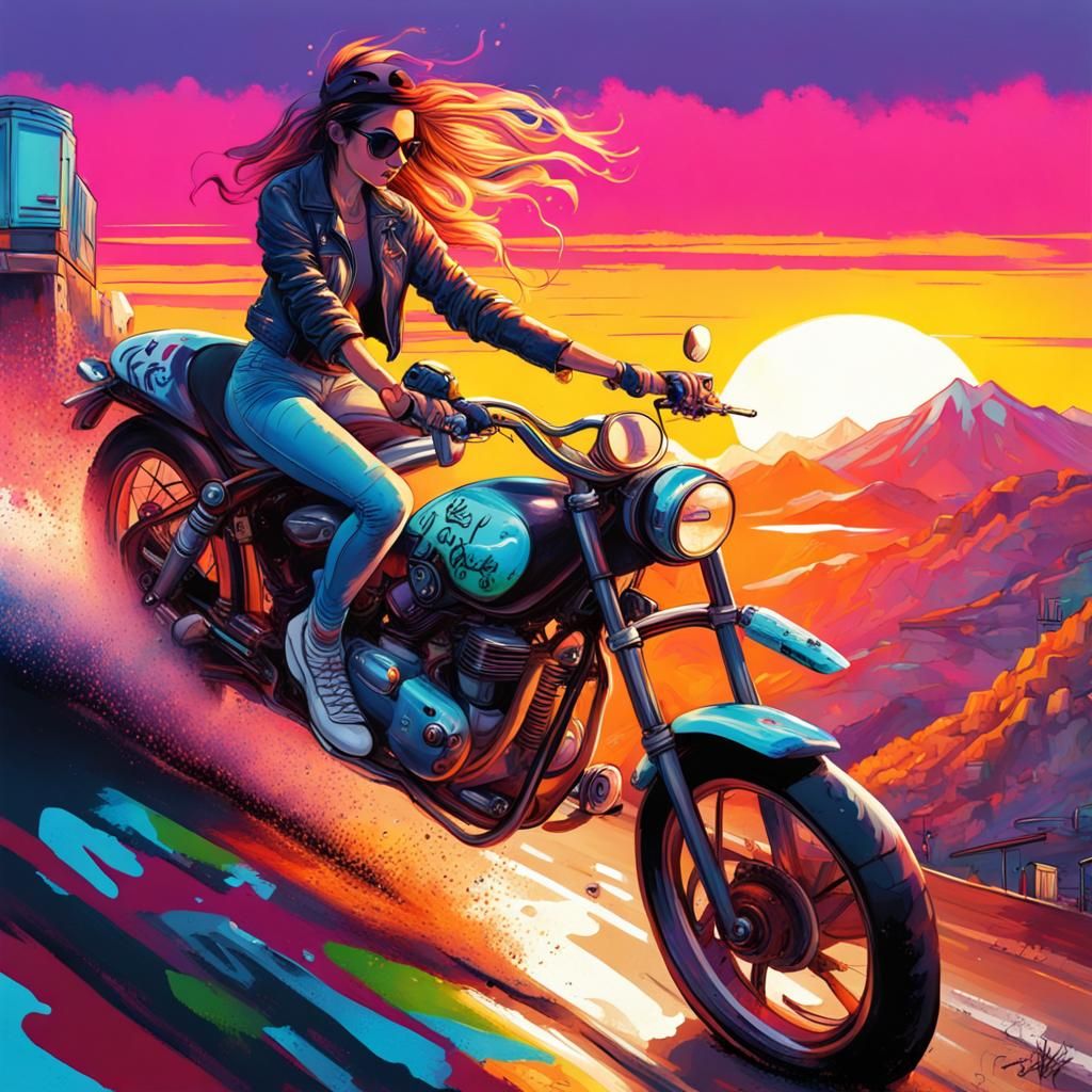 Woman Biker on Cafe Racer at Sunset, Graffiti Art
