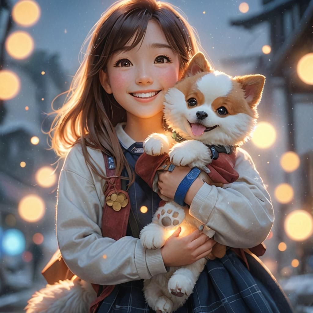 Anime Girl with Dog Portrait in Hyperrealistic 3D