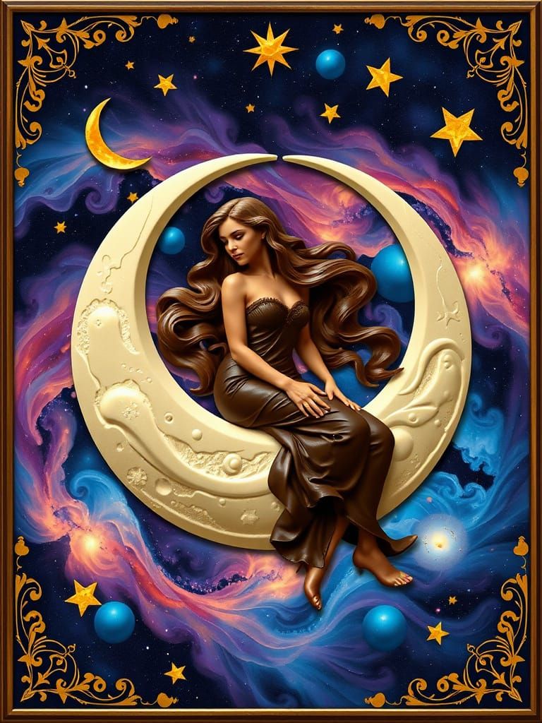Chocolate Woman on Crescent Moon in Art Nouveau Style