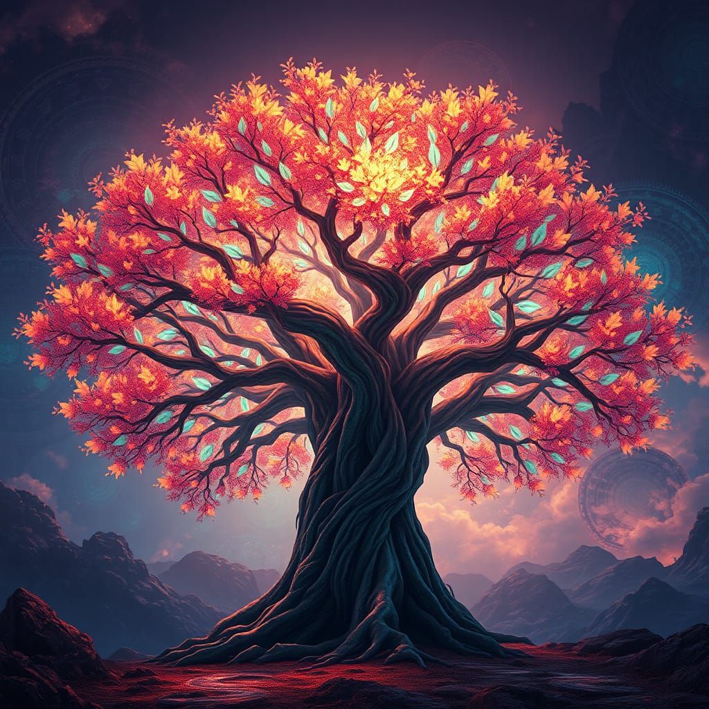 Majestic Tree with Luminous Leaves in Matte Painting Style