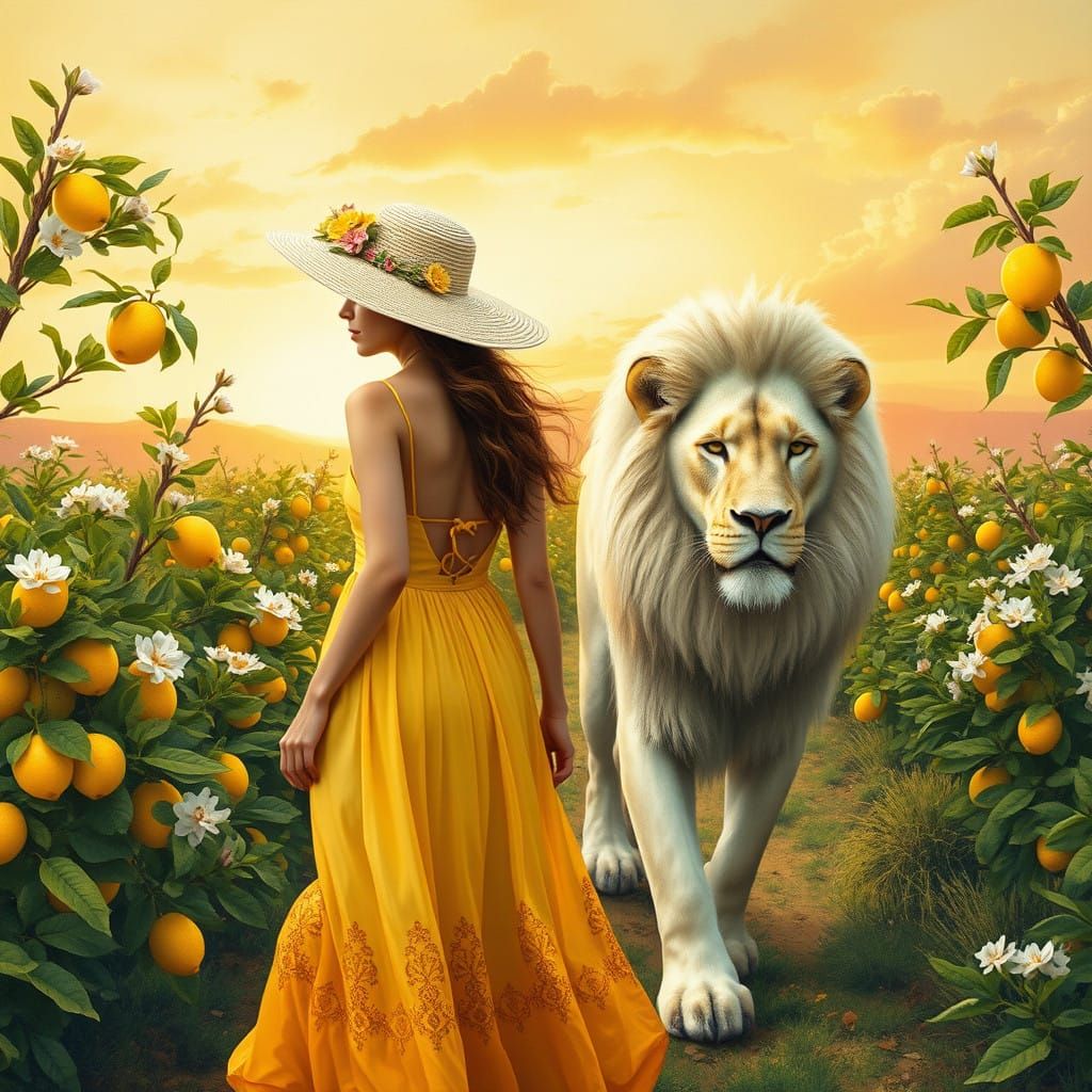 Majestic Lady Walks with White Lion in Vibrant Lemon Farm