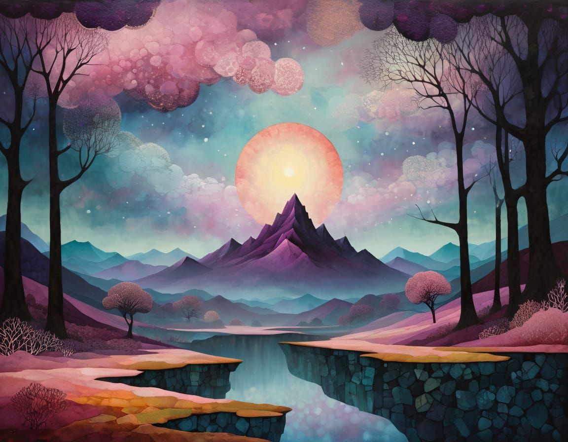 Atmospheric Landscape in Plum and Pink Hues
