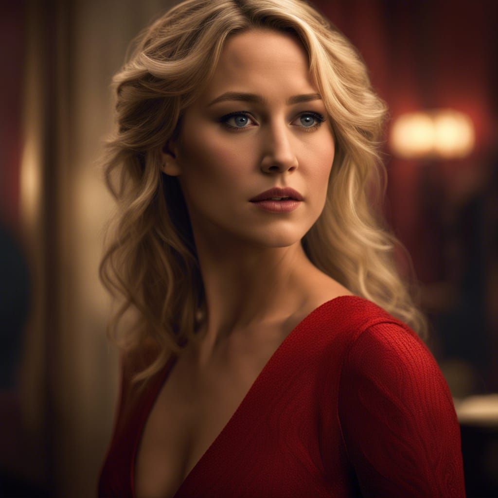 Jennifer Lawrence Portrait in Red Dress, Detailed Painting