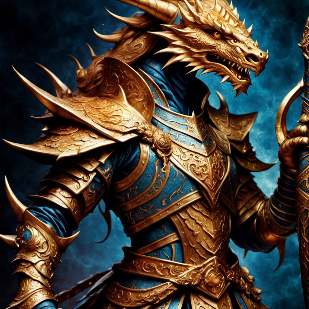 Golden Dragon Paladin Wields Glaive in Fantasy Medieval Worl...
