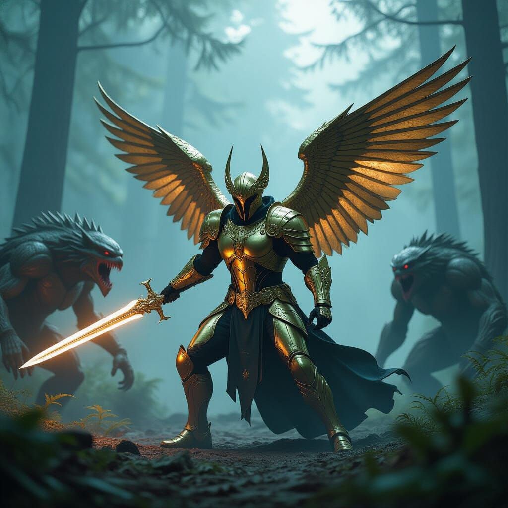 Winged Warrior Battles Monsters in Misty Forest