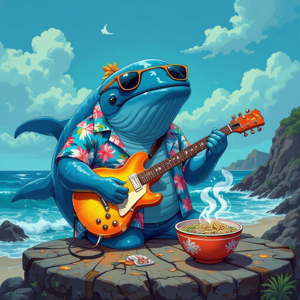 Blue Whale Guitarist in Whimsical Style