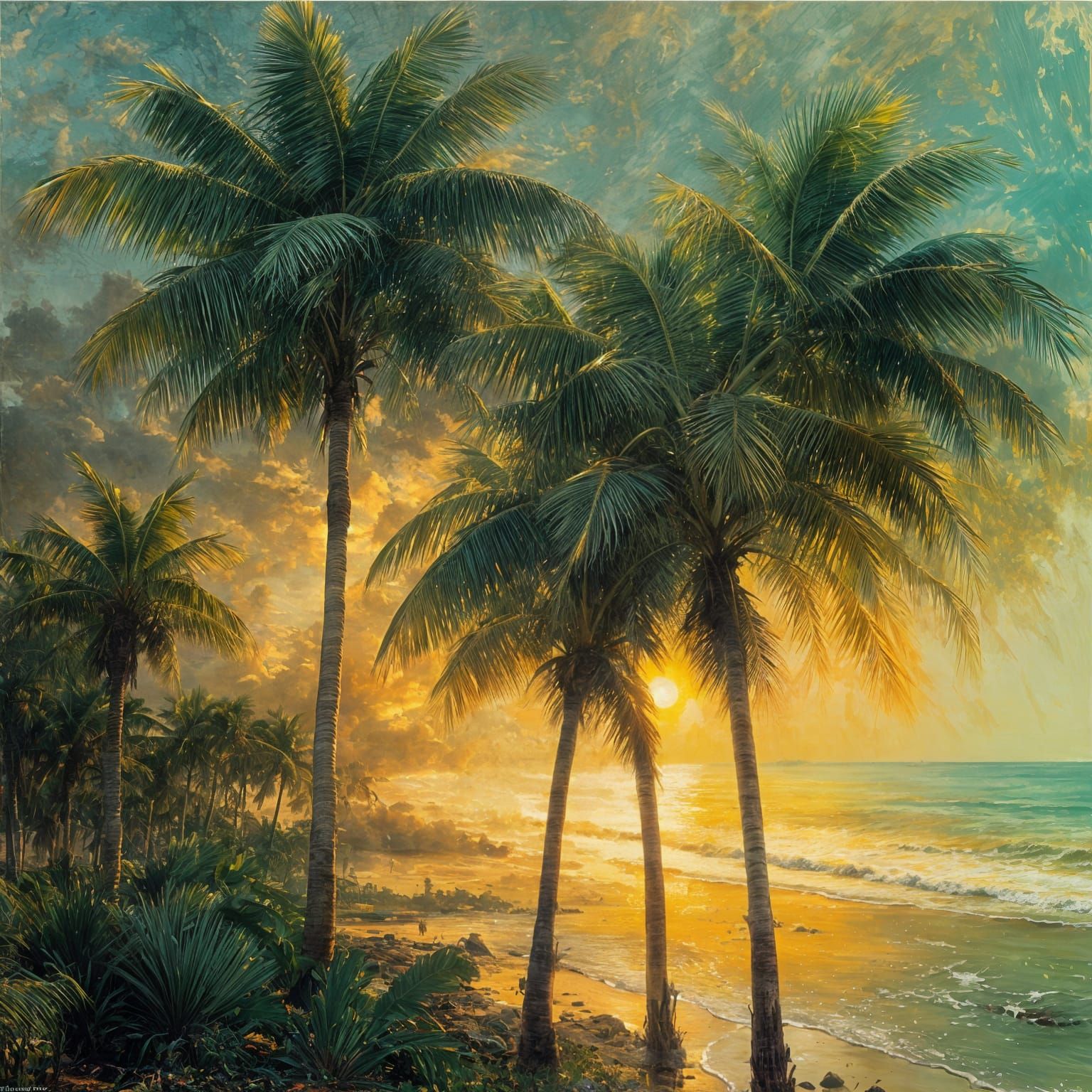 Tropical Island Sunset Palm Trees in Impasto Style