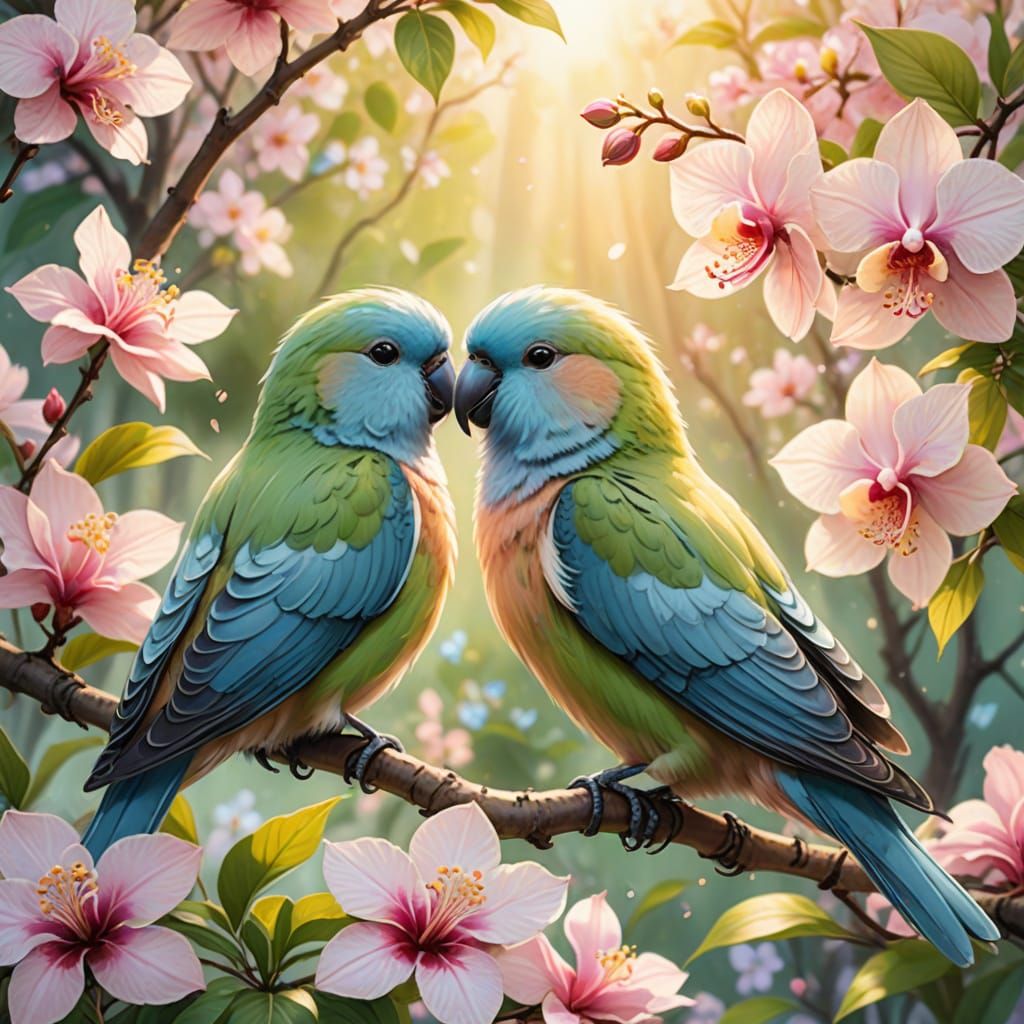 Pastel-Colored Lovebirds in Vibrant Spring Bloom