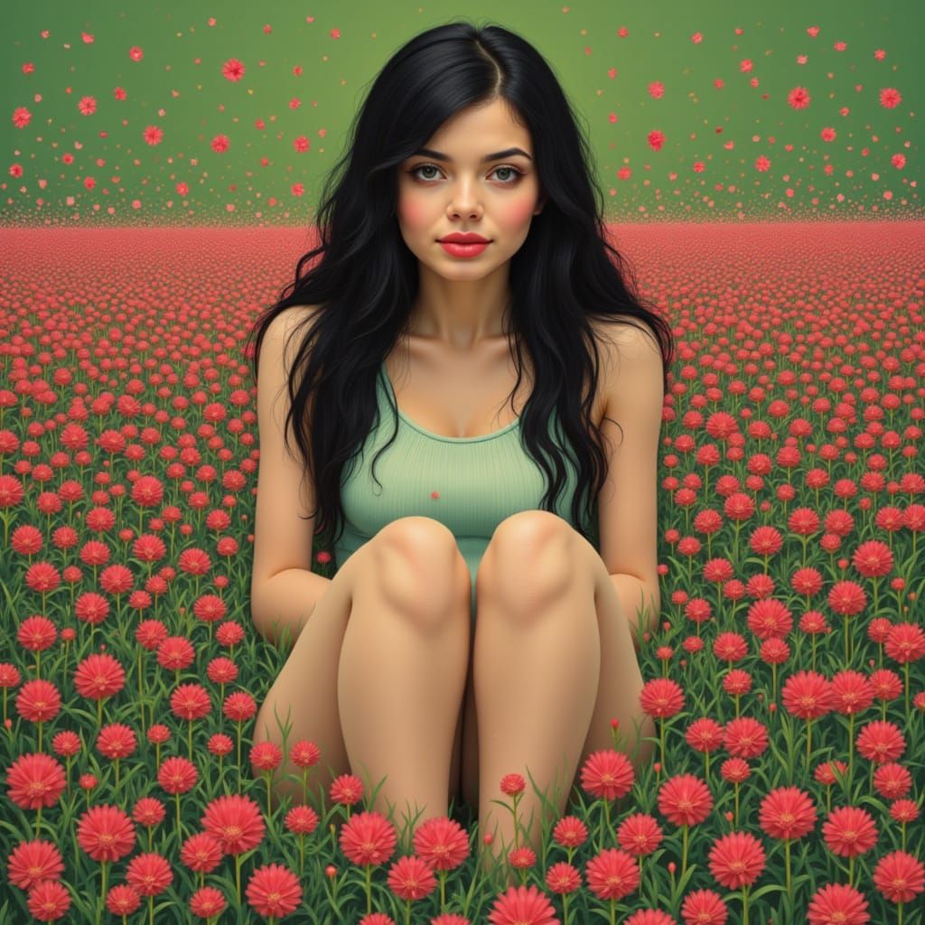 Crimson Clover Field: Whimsical Digital Art