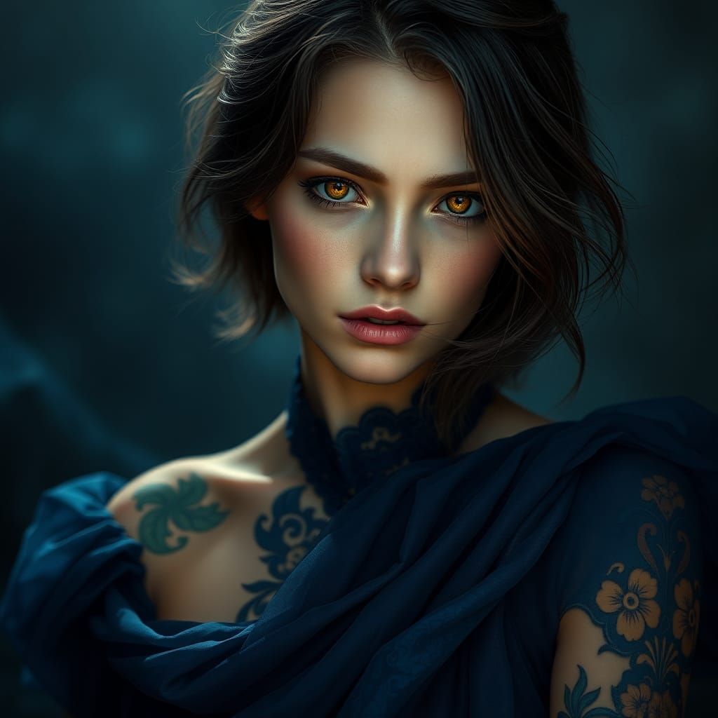 Mystical Woman with Golden Eyes in Indigo Dress