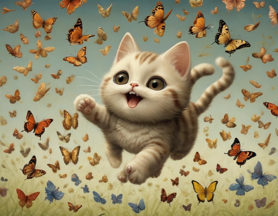 Kitten Chasing Butterfly in Surrealist Style