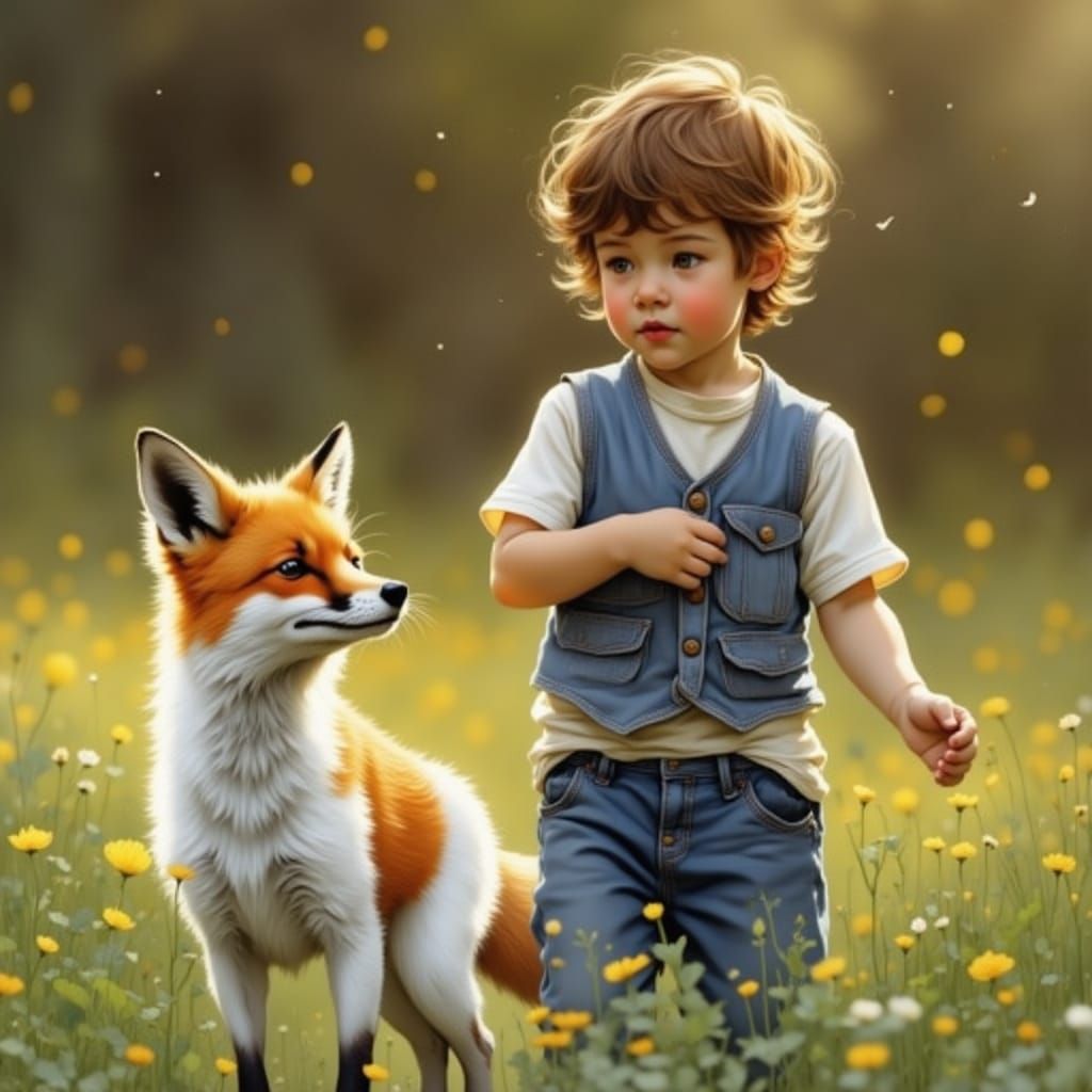 Whimsical Toddler and Fox Portrait in Vibrant Wildflower Mea...