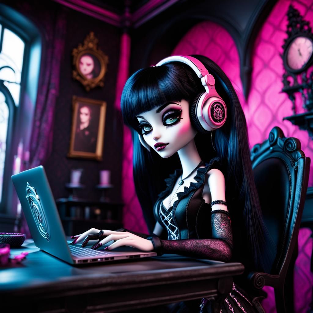 emo monster high draculaura using laptop wearing headphones ...
