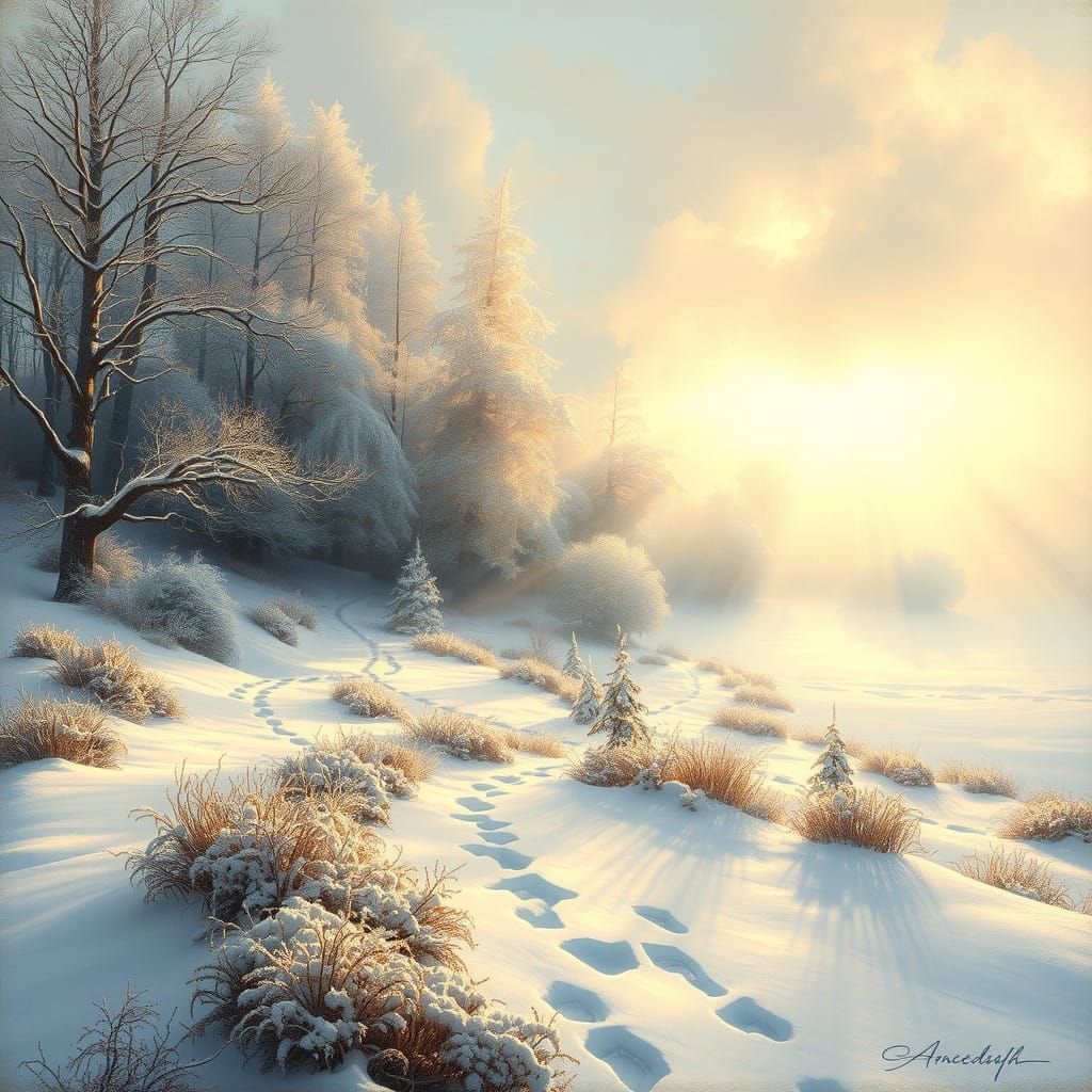 Winter Landscape in Golden Light, Romanticized Realism Style