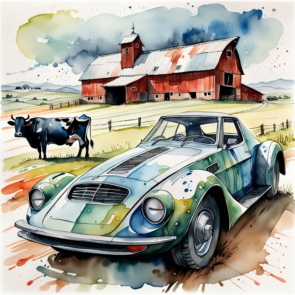 Sci-Fi Sportscar Caricature in Watercolor Landscape