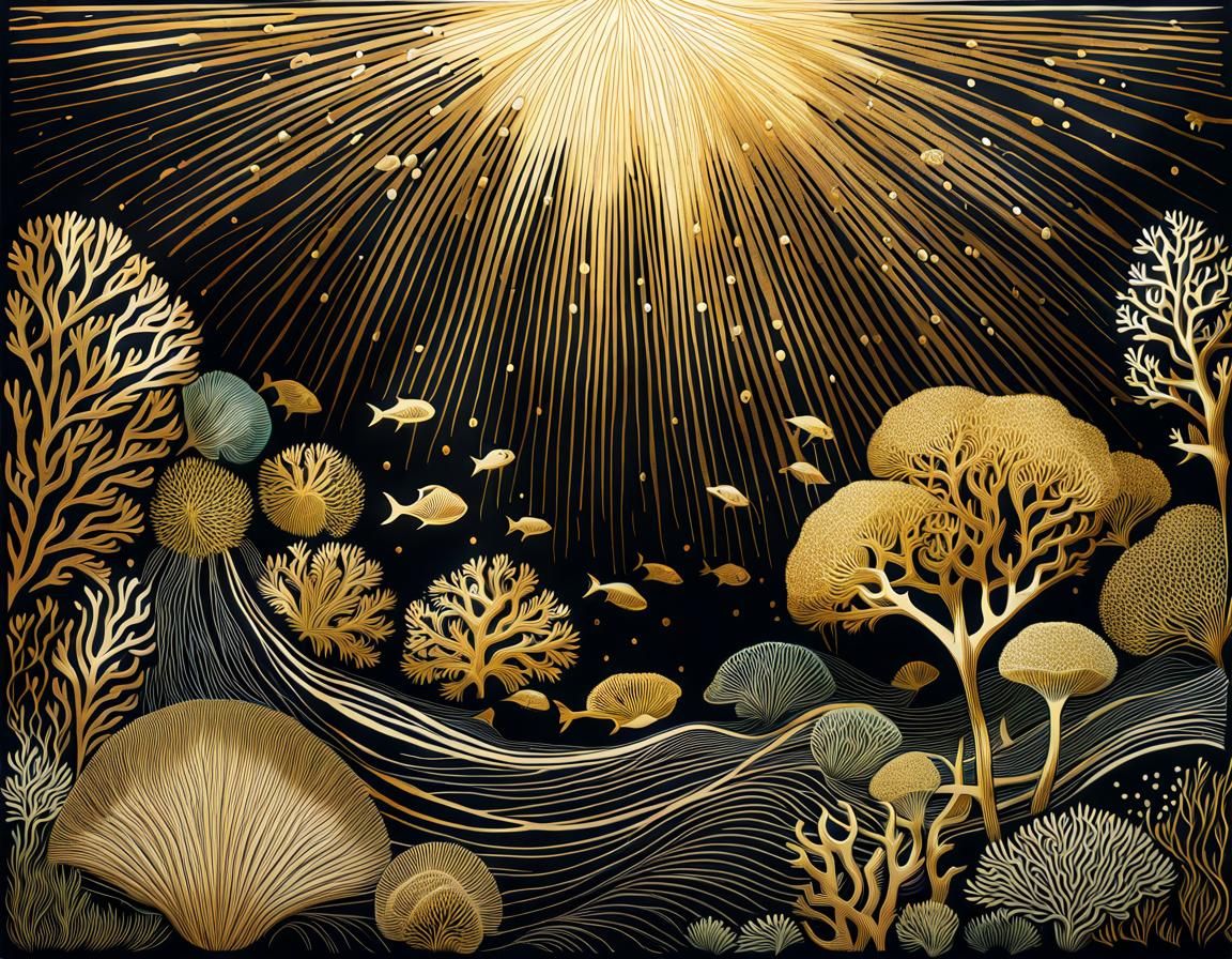 Golden Ratio Coral Reef Linocut Illustration