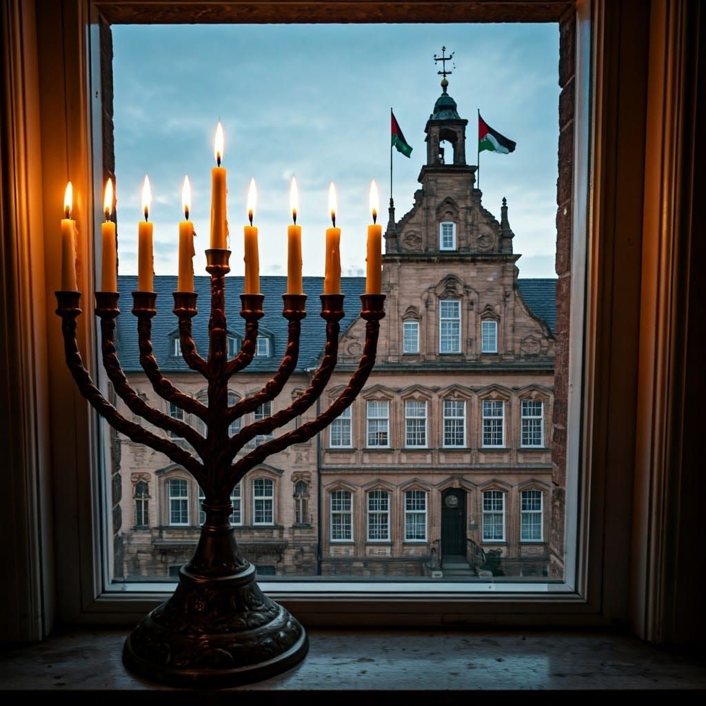Hanukkah Menorah Against German Building, Anime Style