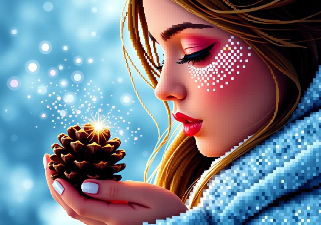 Angelic Woman Blowing Wish: 8-bit Mosaic