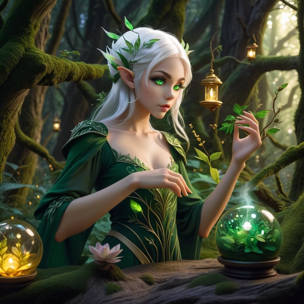 Eerie Forest Elf with Green Eyes in Ink Art