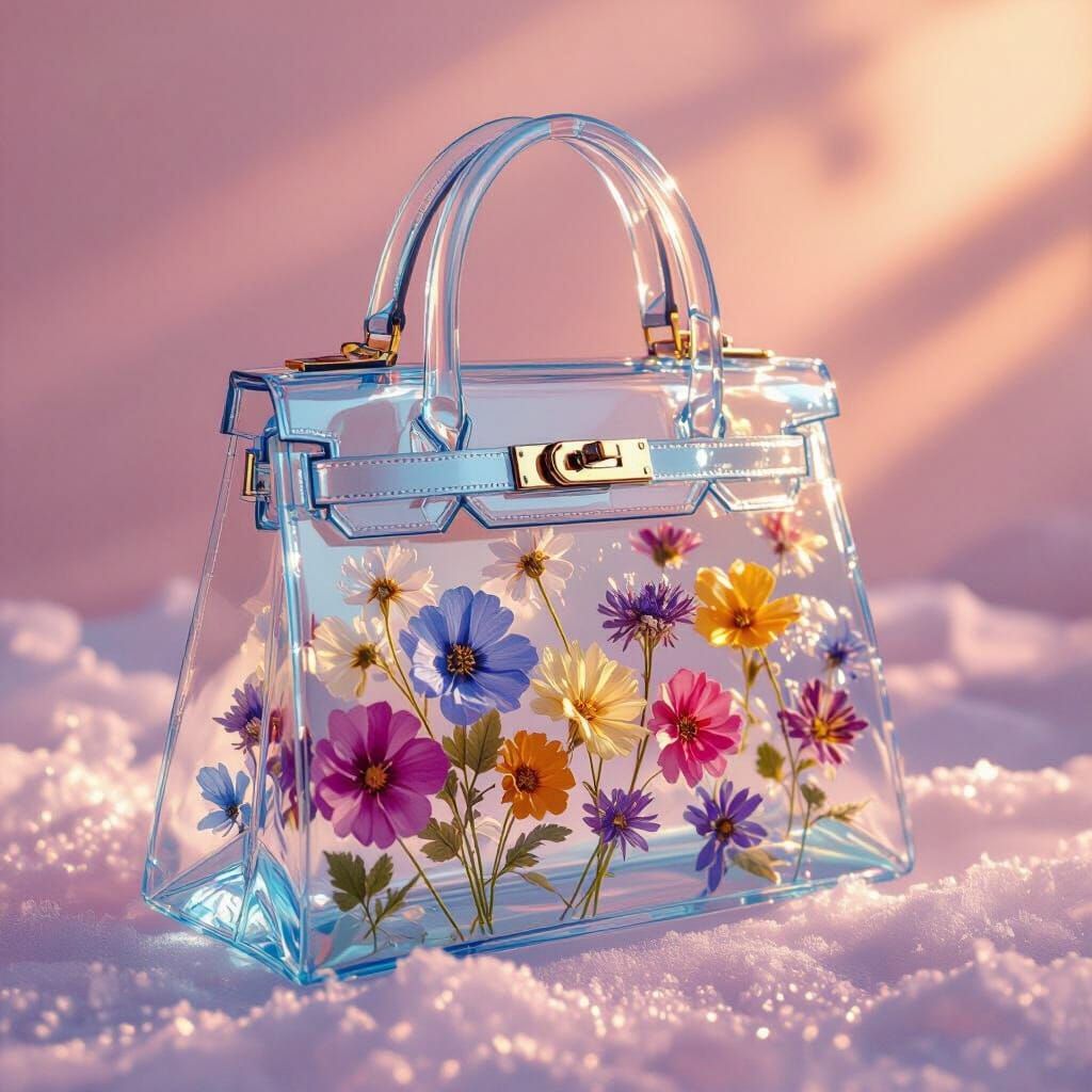 Frozen Ice Resin Bag with Embedded Flowers in 8K