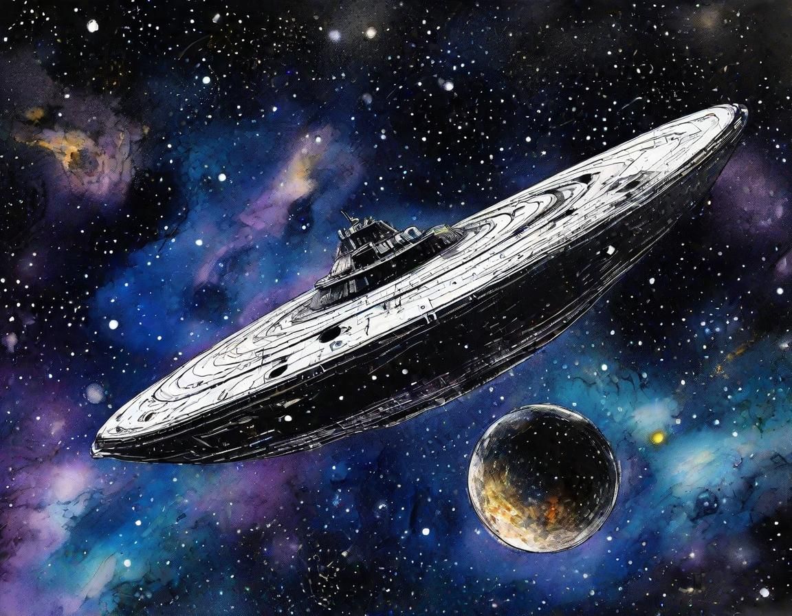 Derelict Spaceship Sails into Black Hole as Ink Painting