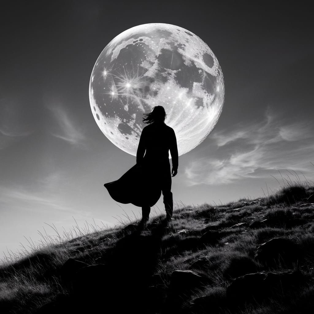 Silhouette on Windswept Hill Under Moonlit Sky
