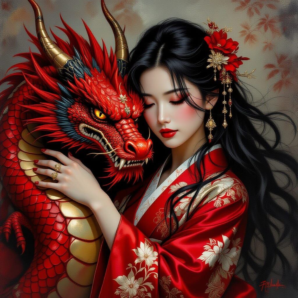 Japanese Woman with Red Dragon in Oil Painting