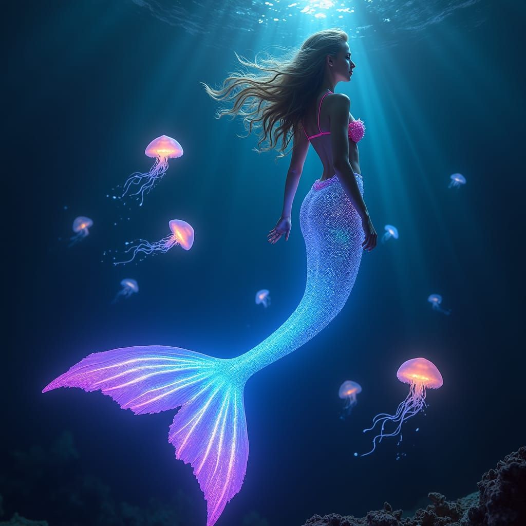 Glowing Mermaid in Bioluminescent Ocean