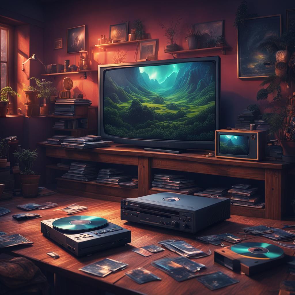 Man Converting VHS Tapes: Detailed Matte Painting
