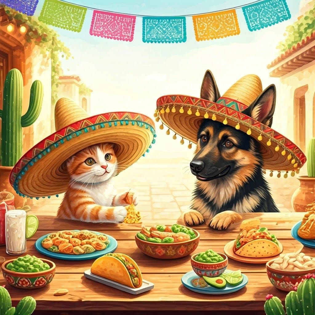 Festive Kitten and Dog Fiesta in Watercolor
