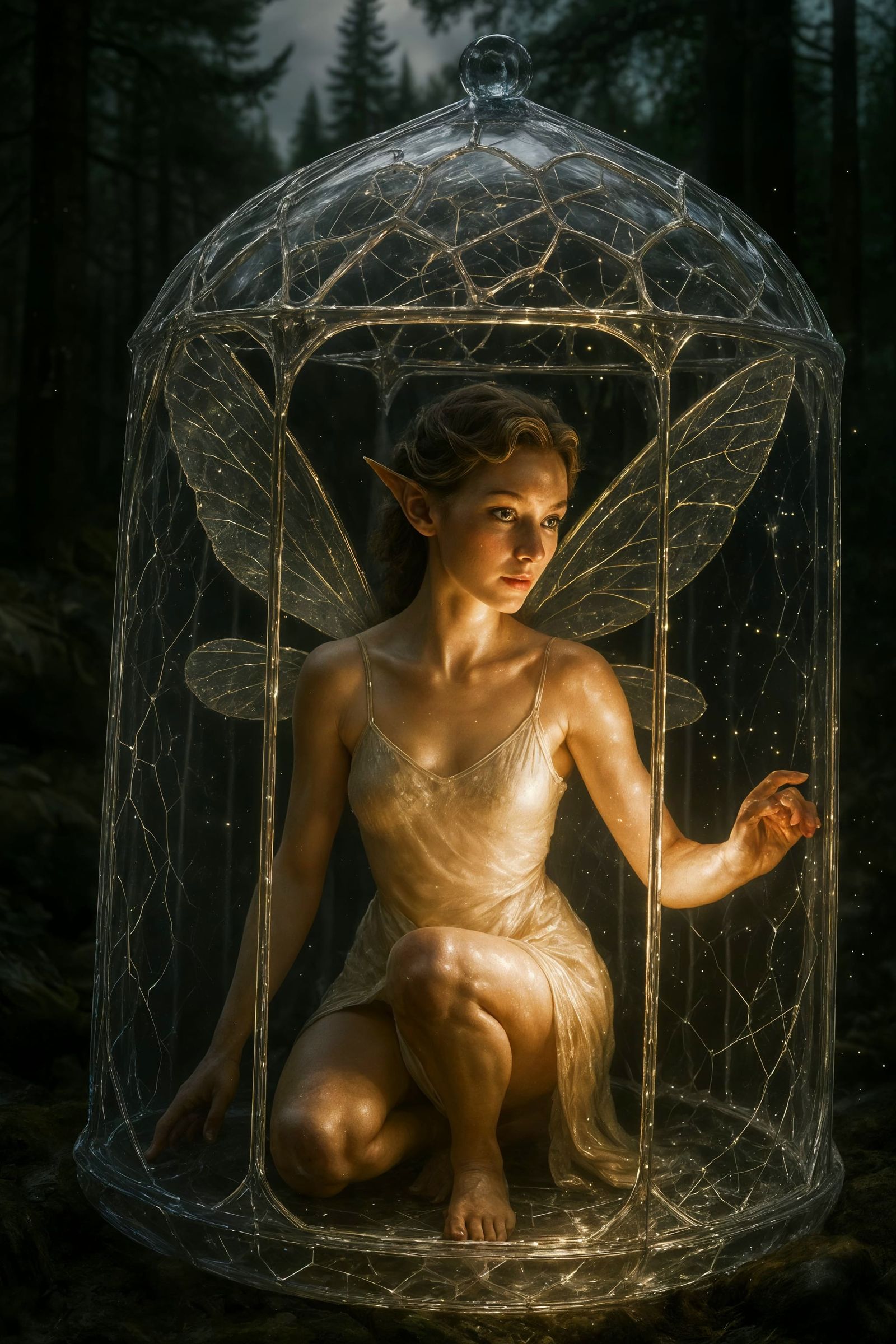 Ethereal Fairy in Crystal Cage, Ultra-Photorealistic