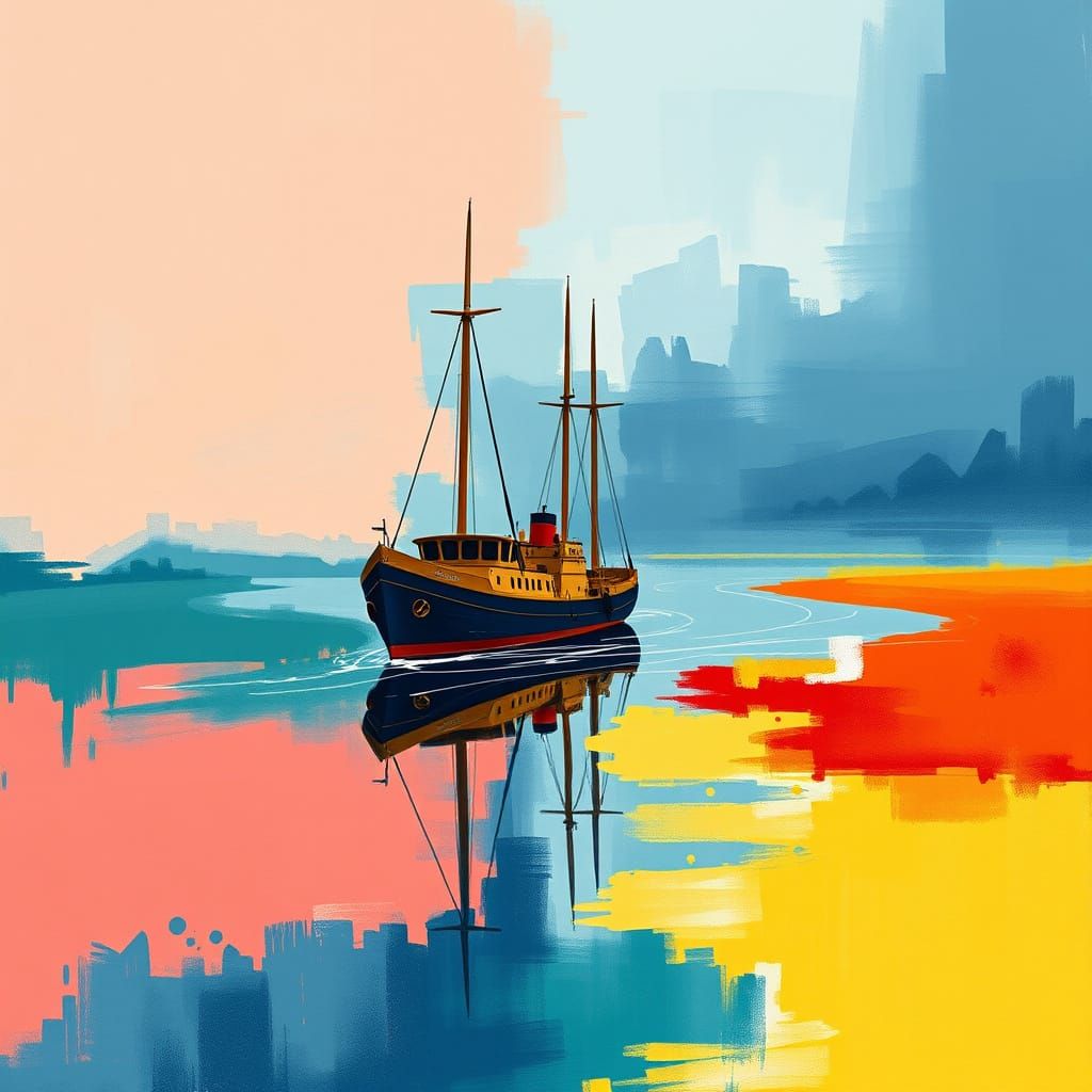 Ship on River: Abstract Art in Complementary Colors