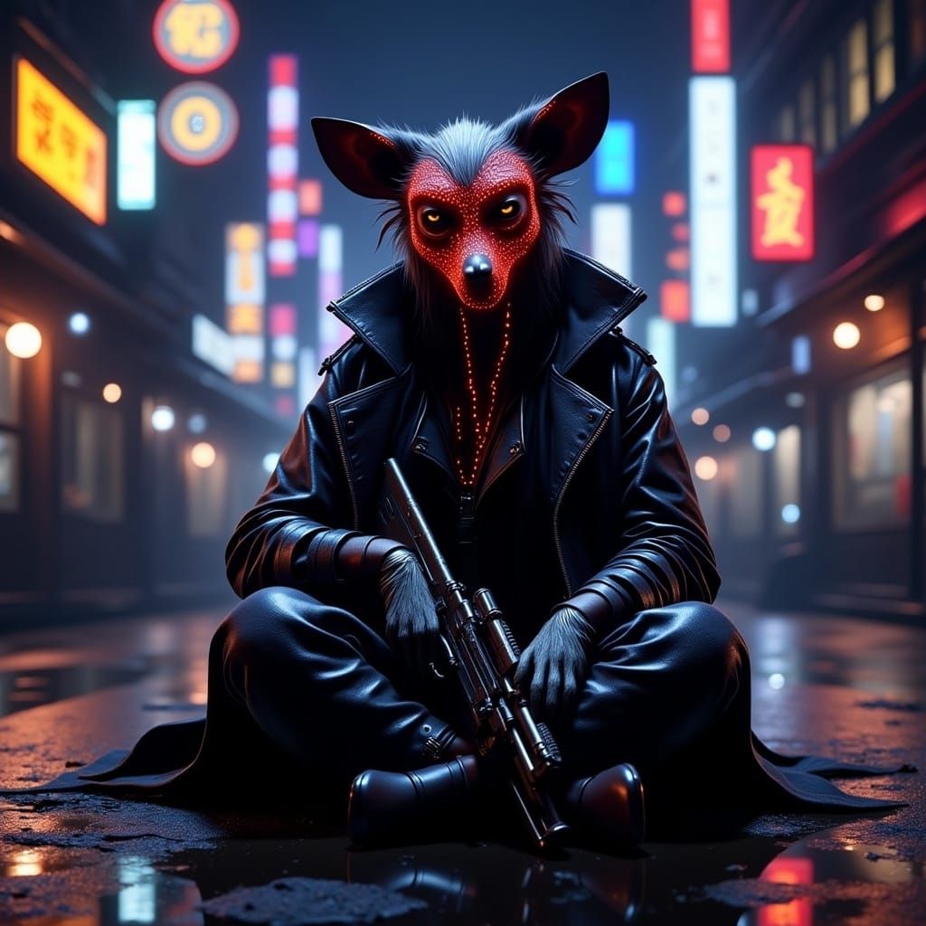 Fox-Monkey Hybrid in Neon Noir Cityscape