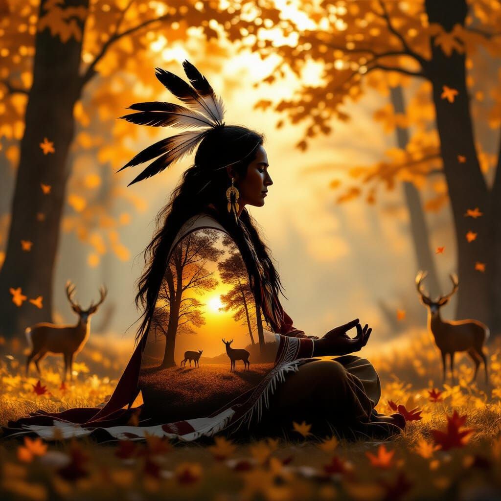 Native Spirit Guide Meditating in Autumn Forest
