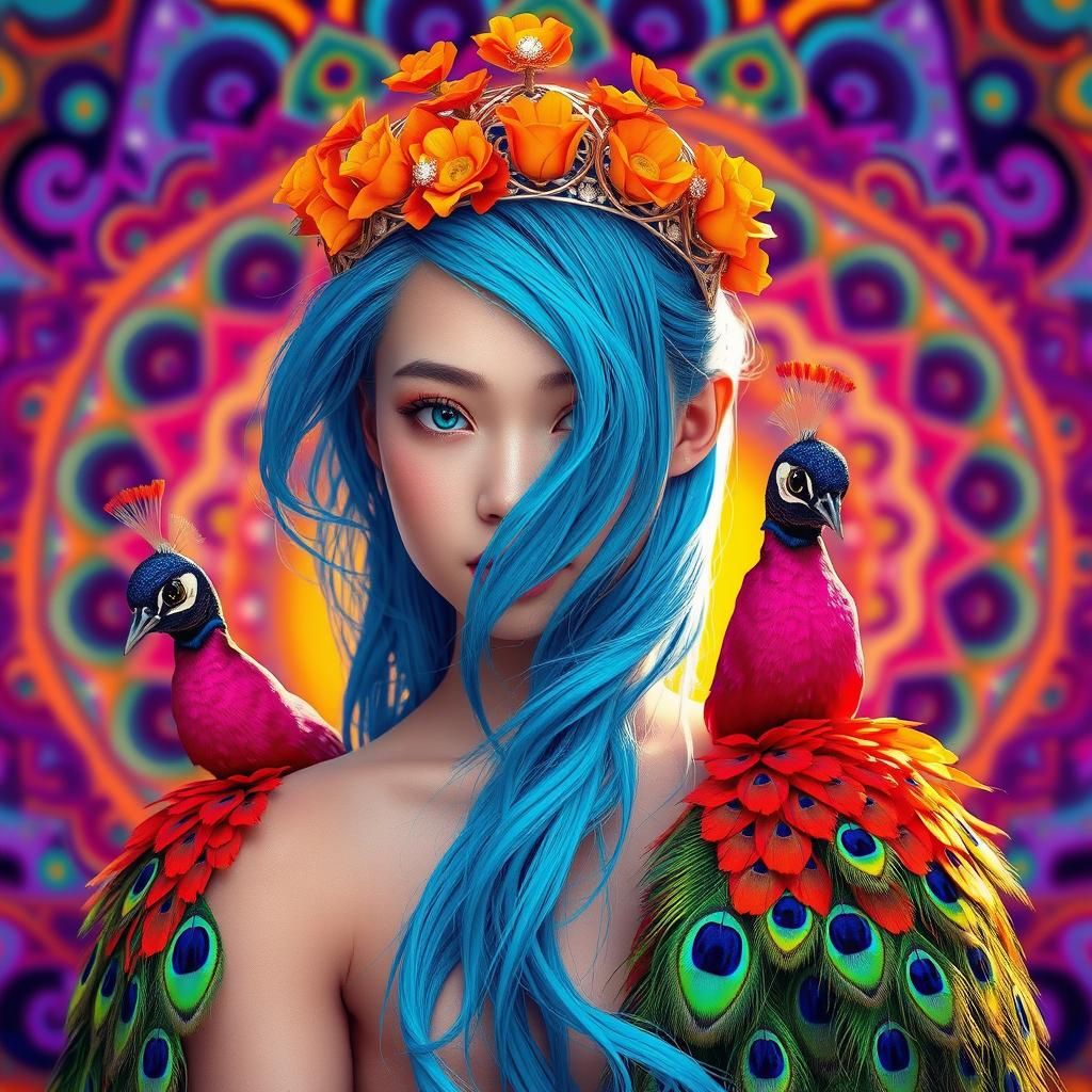 Vibrant Woman with Peacock Feathers, Fantasy Concept Art