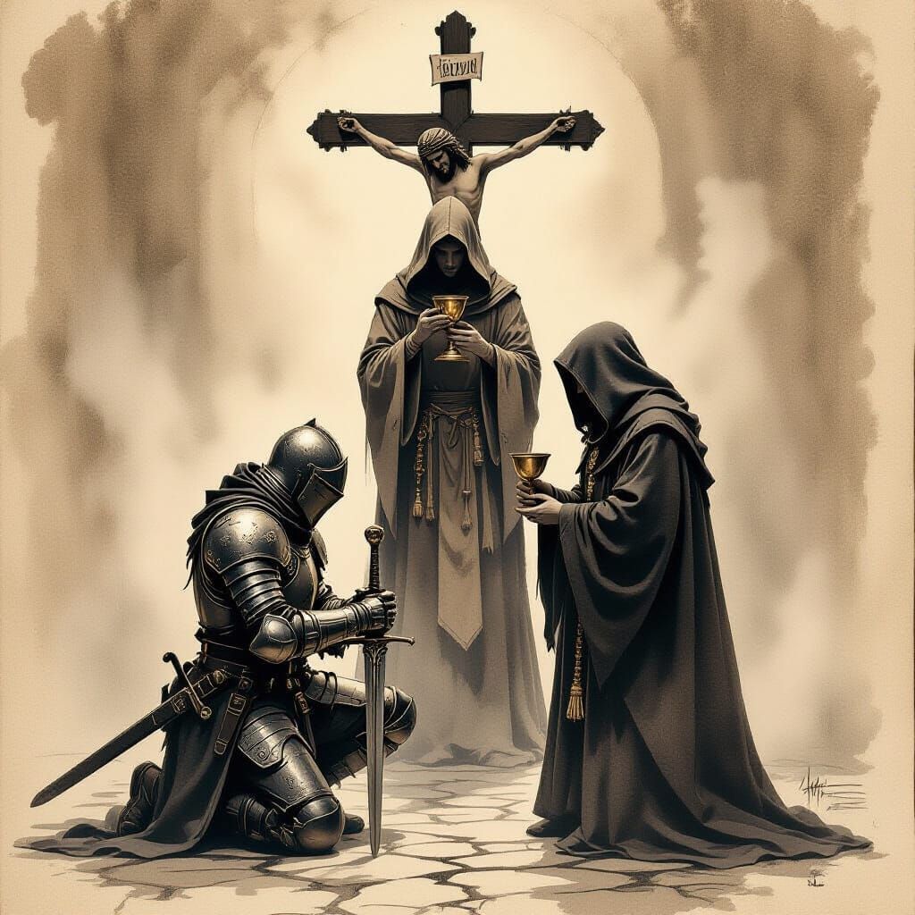 A medieval fantasy illustration in sepia tones, depicting a ...