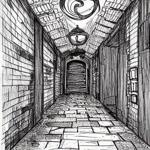 Waterlogged Dungeon Hallway in Pen and Ink