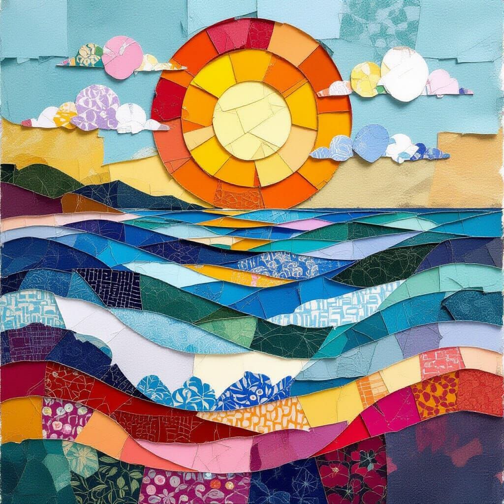 Vibrant Paper and Fabric Collage Seascape