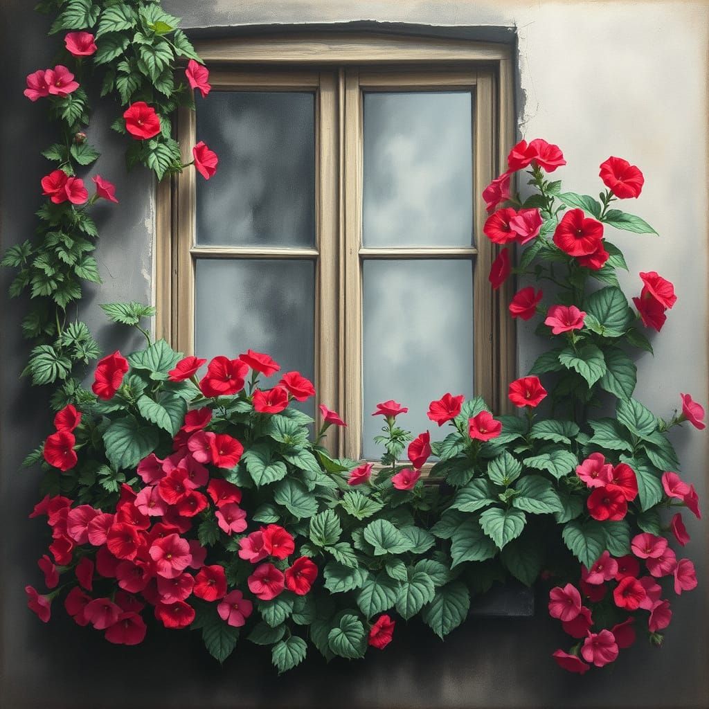 Garden of Dreams: Serene Gouache Landscape with Geraniums an...