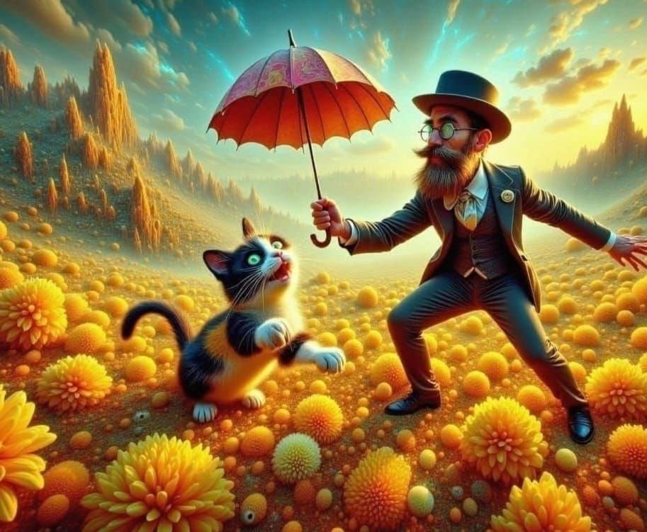 Whimsical Sword Fight in a Garden of Yellow Flowers