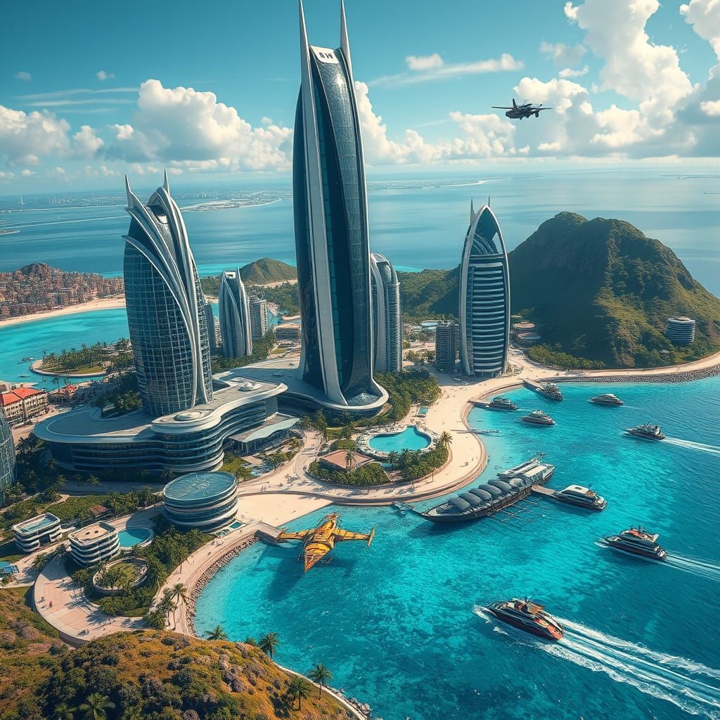 Futuristic Tropical Island City in Splash Art Style